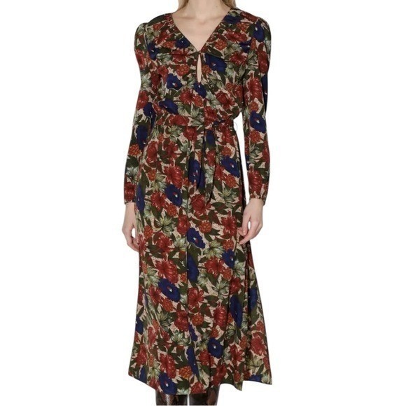 Walter Baker Dresses & Skirts - Walter Baker Red Blue Floral Puff Sleeve Holiday Party Midi Dress Women's M NWT